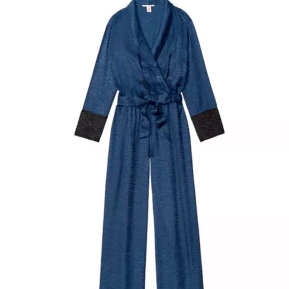 Victoria’s Secret Sleep one piece Belted Satin Romper pj long sleeve pajama Blue - Picture 5 of 5